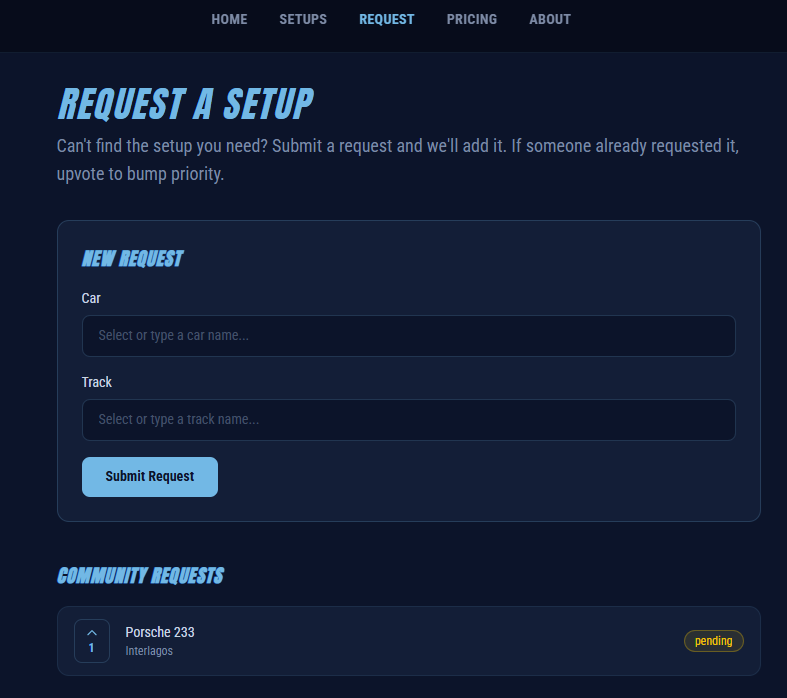 Request a Setup page with form inputs and community request queue
